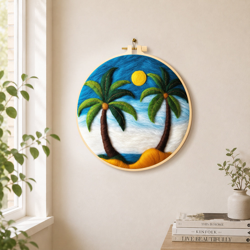 Calming blue sky palm trees needle felt wall art displayed in a bright home interior