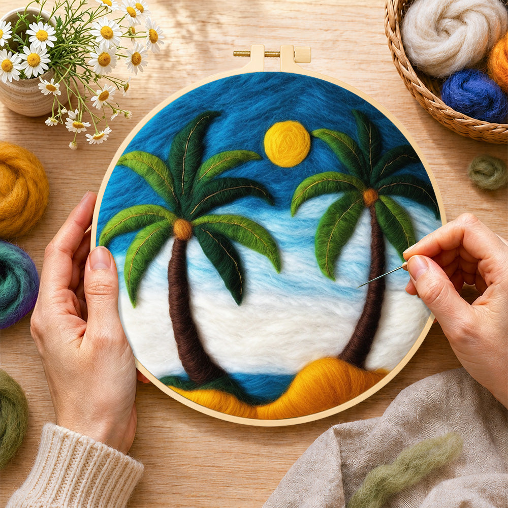 Creating the calming blue sky palm trees wool painting by hand with a felting needle