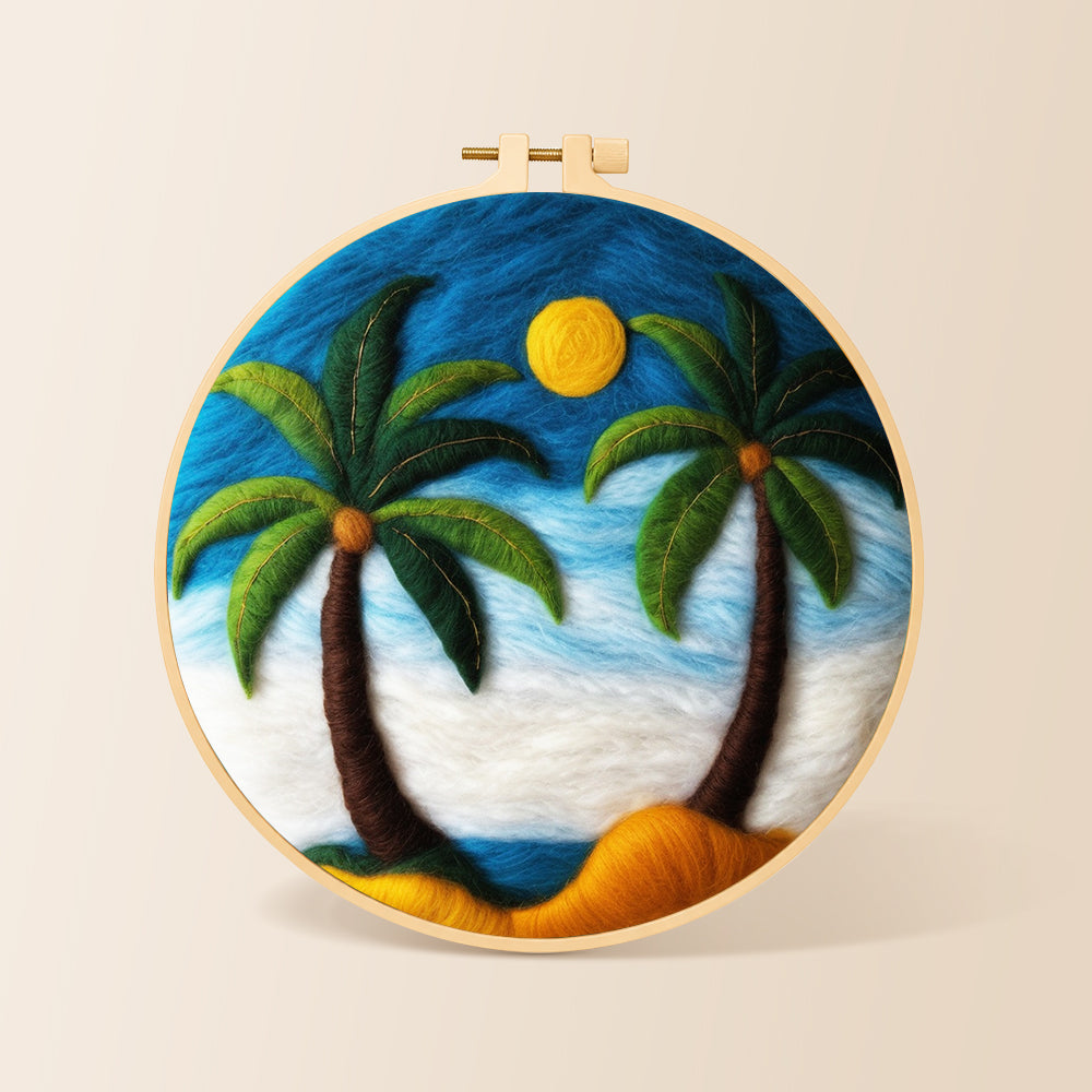 Calming blue sky palm trees needle felting kit for beginners with a round wooden frame