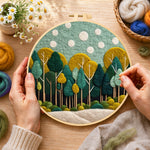Creating the calming green forest wool painting by hand with a felting needle