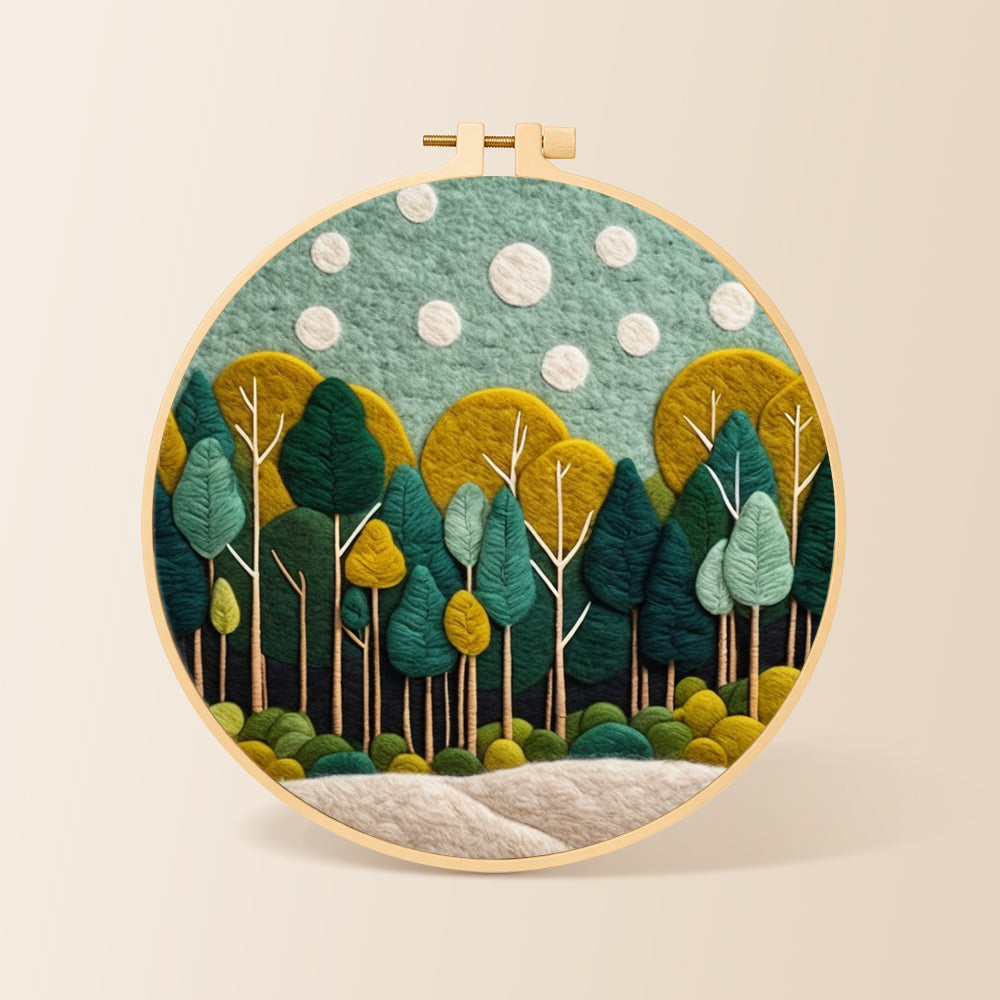 Calming green forest needle felting kit for beginners with a round wooden frame
