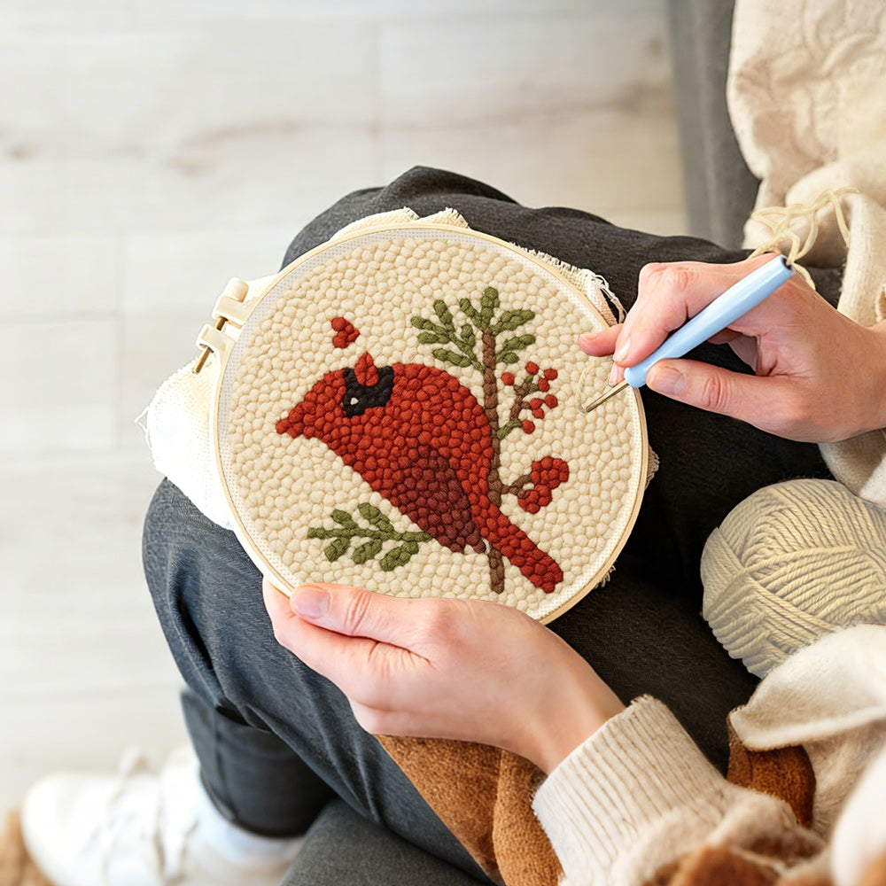 Creating handmade cardinal and berries punch needle artwork