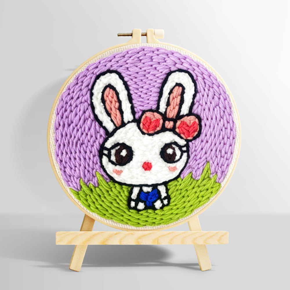 Cartoon rabbit on the grass punch needle kit for beginners