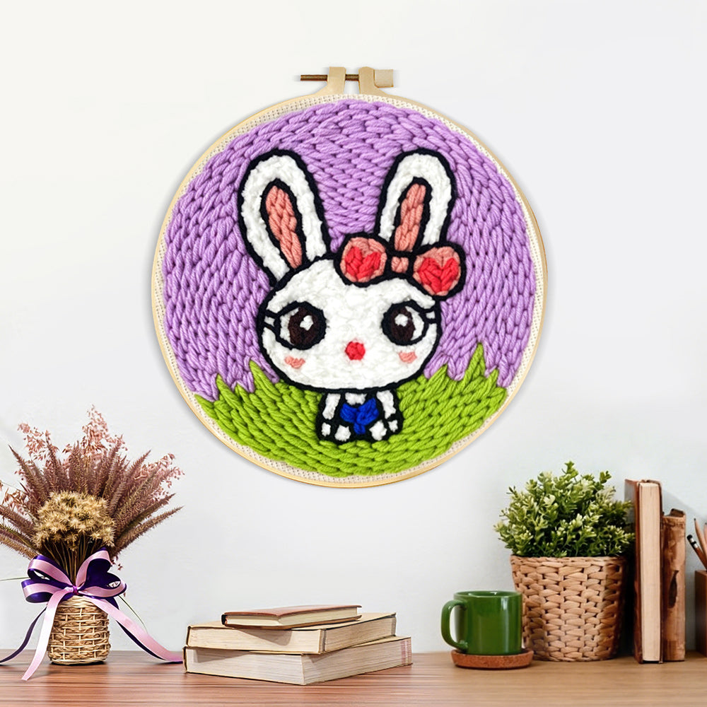 Finished cartoon rabbit on the grass artwork displayed on a wall