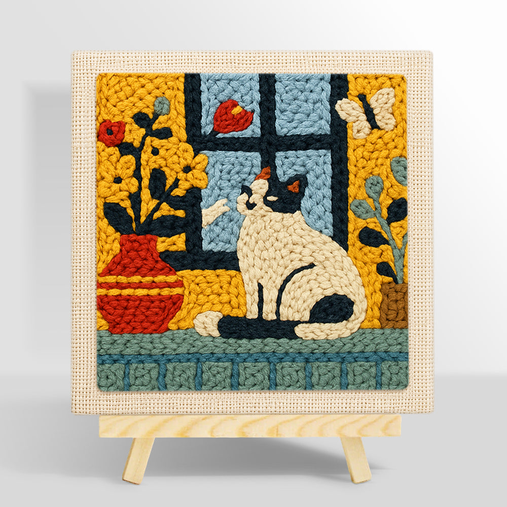 Cat and flower vase on windowsill punch needle kit for beginners