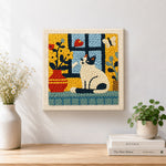 Finished cat and flower vase on windowsill artwork displayed on a wall