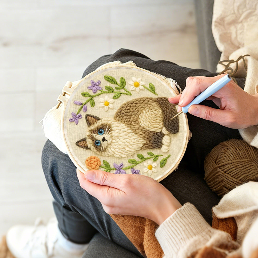 Creating handmade cat and wildflowers punch needle artwork