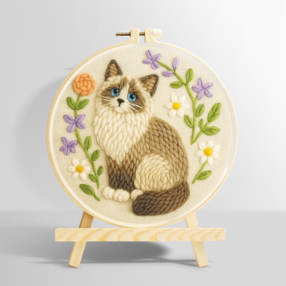 Cat and wildflowers punch needle kit for beginners
