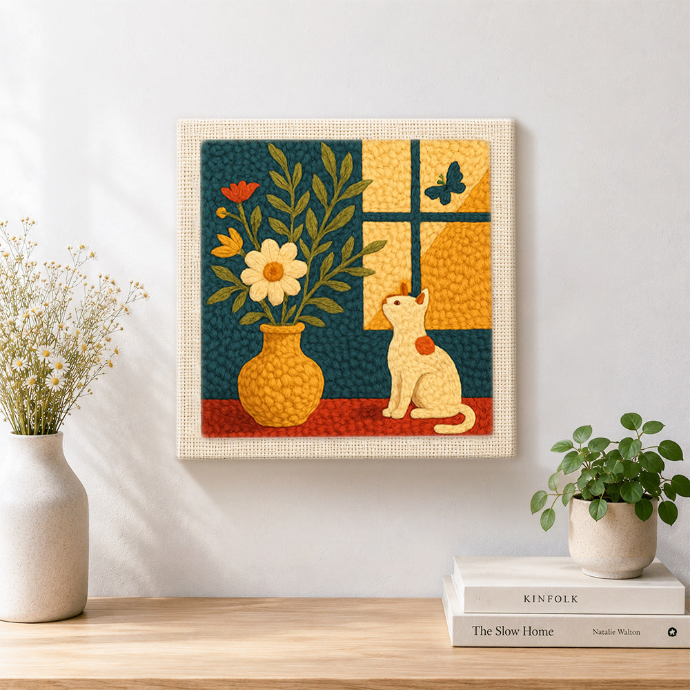 Finished cat by the window with flower vase artwork displayed on a wall