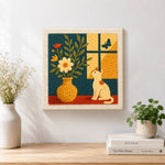 Finished cat by the window with flower vase artwork displayed on a wall