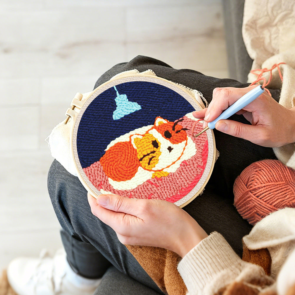 Creating handmade cat under the chandelier punch needle artwork