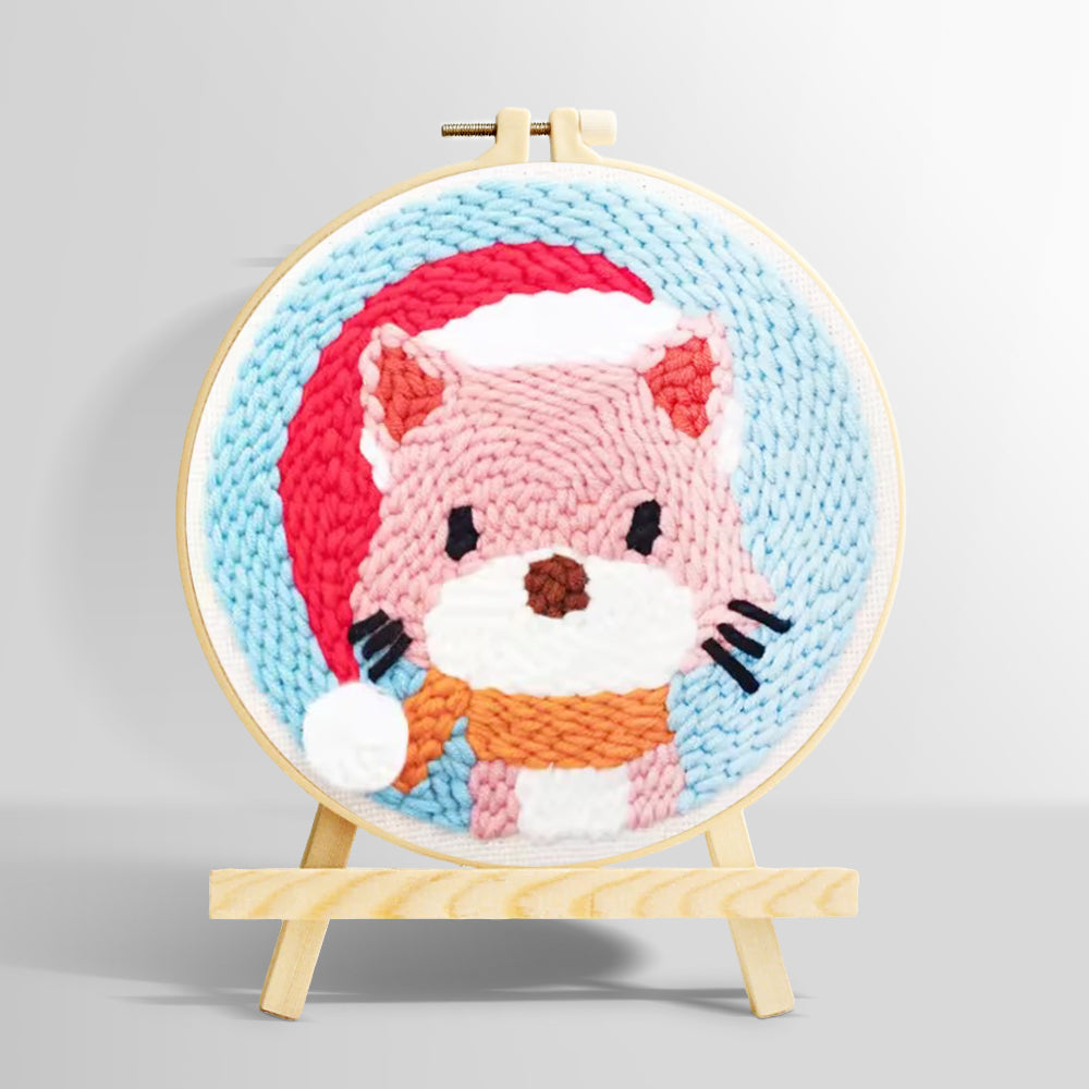 Cat wearing a santa hat punch needle kit for beginners