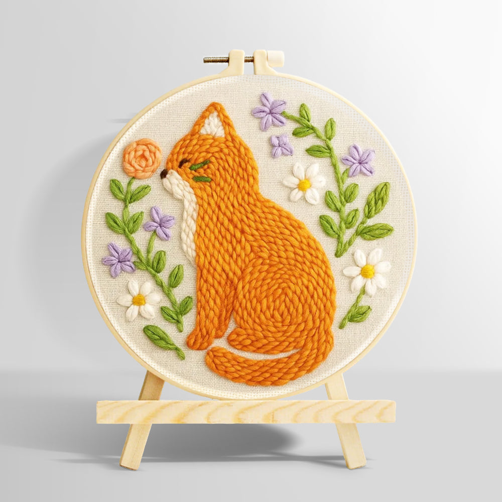 Cat with wildflowers punch needle kit for beginners