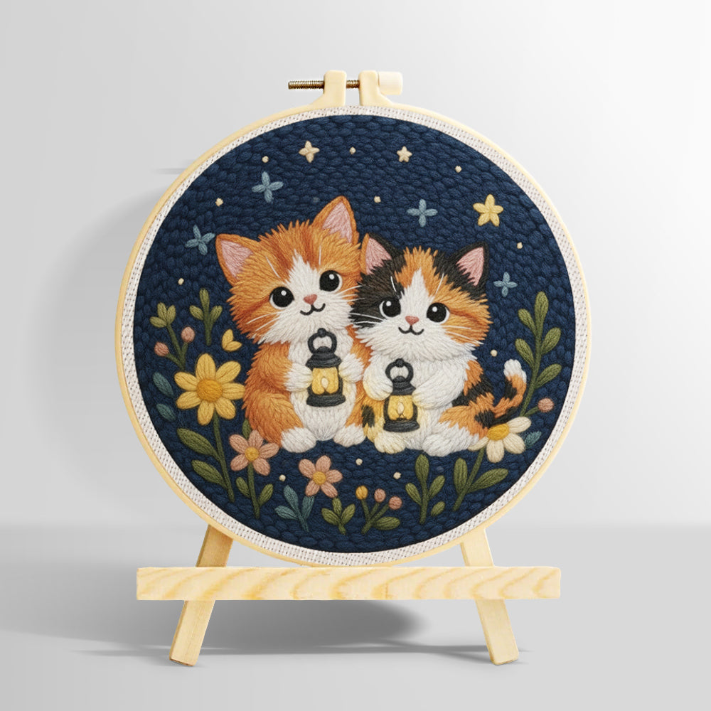 Cats and wildflowers under the night sky punch needle kit for beginners