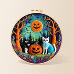 Cats in forest with pumpkins needle felting kit for beginners with a round wooden frame