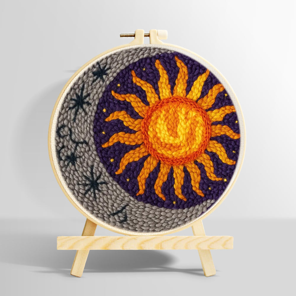 Celestial sunburst and crescent moon punch needle kit for beginners