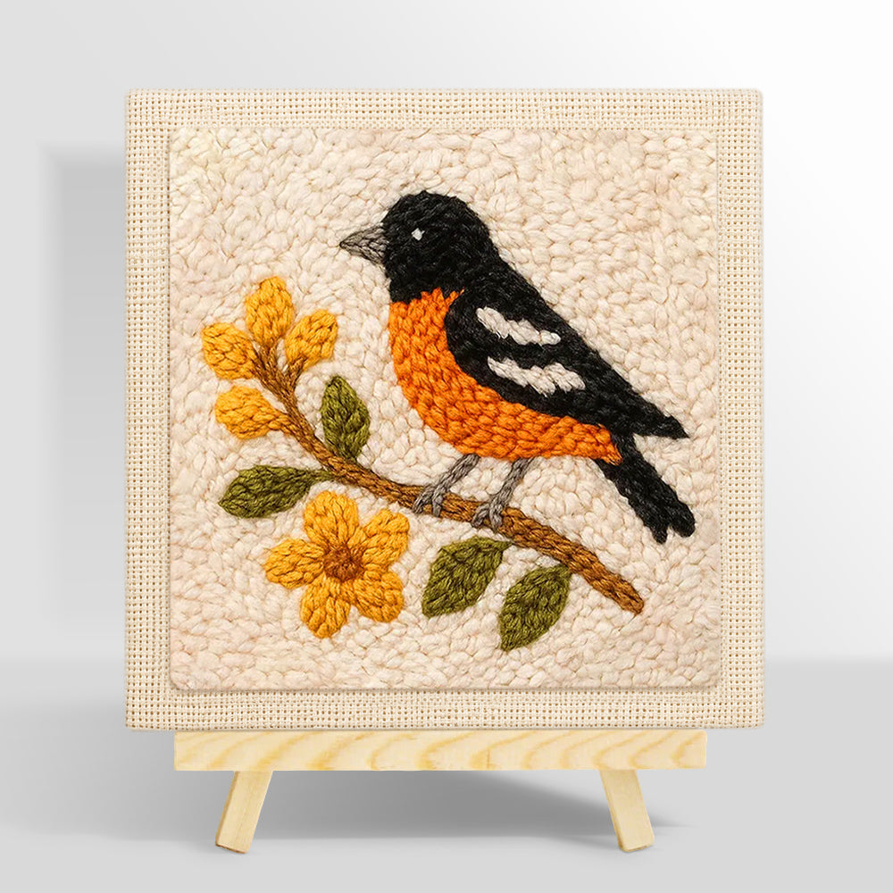Charming bird on a flower branch punch needle kit for beginners