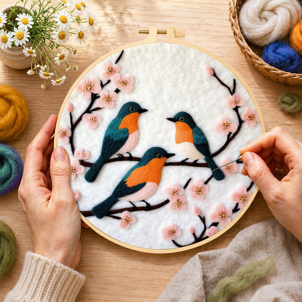 Creating the charming birds on pink flower branch wool painting by hand with a felting needle