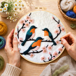 Creating the charming birds on pink flower branch wool painting by hand with a felting needle