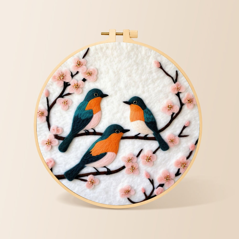 Charming birds on pink flower branch needle felting kit for beginners with a round wooden frame
