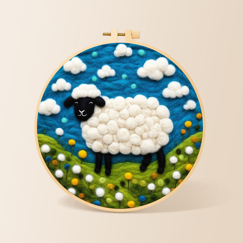 Charming black-faced sheep in sunny meadow needle felting kit for beginners with a round wooden frame