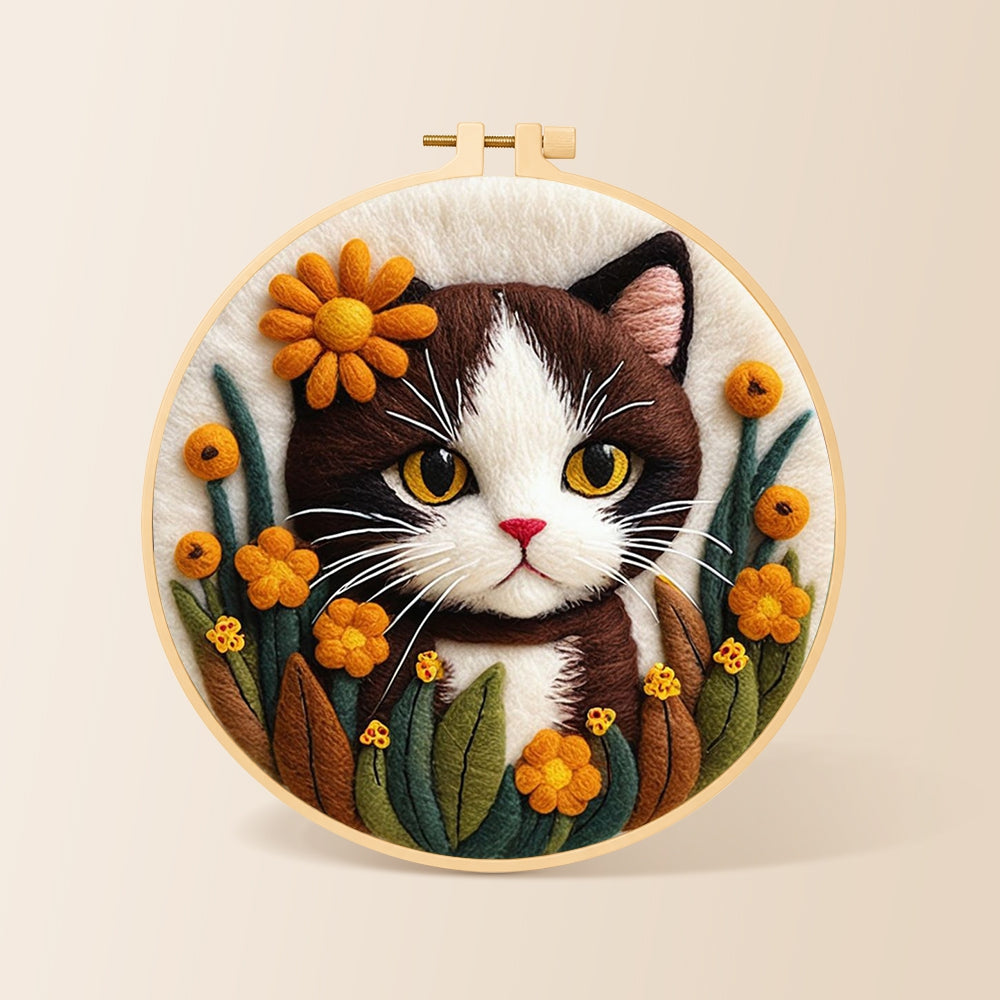 Charming brown and white cat with flowers needle felting kit for beginners with a round wooden frame