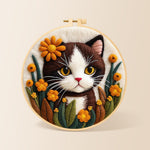 Charming brown and white cat with flowers needle felting kit for beginners with a round wooden frame