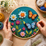 Creating the charming butterfly and daisy wool painting by hand with a felting needle