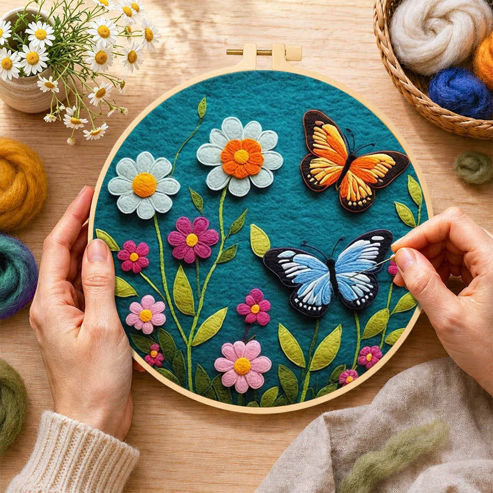 Creating the charming butterfly and daisy wool painting by hand with a felting needle