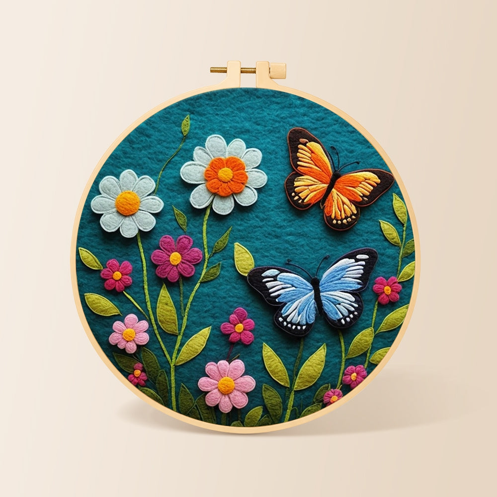 Charming butterfly and daisy needle felting kit for beginners with a round wooden frame