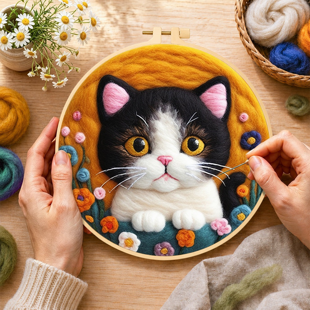 Creating the charming cat and cute flowers wool painting by hand with a felting needle