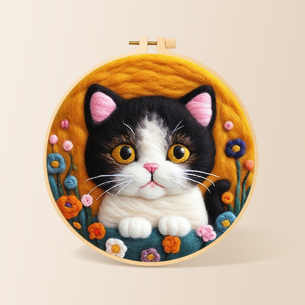 Charming cat and cute flowers needle felting kit for beginners with a round wooden frame