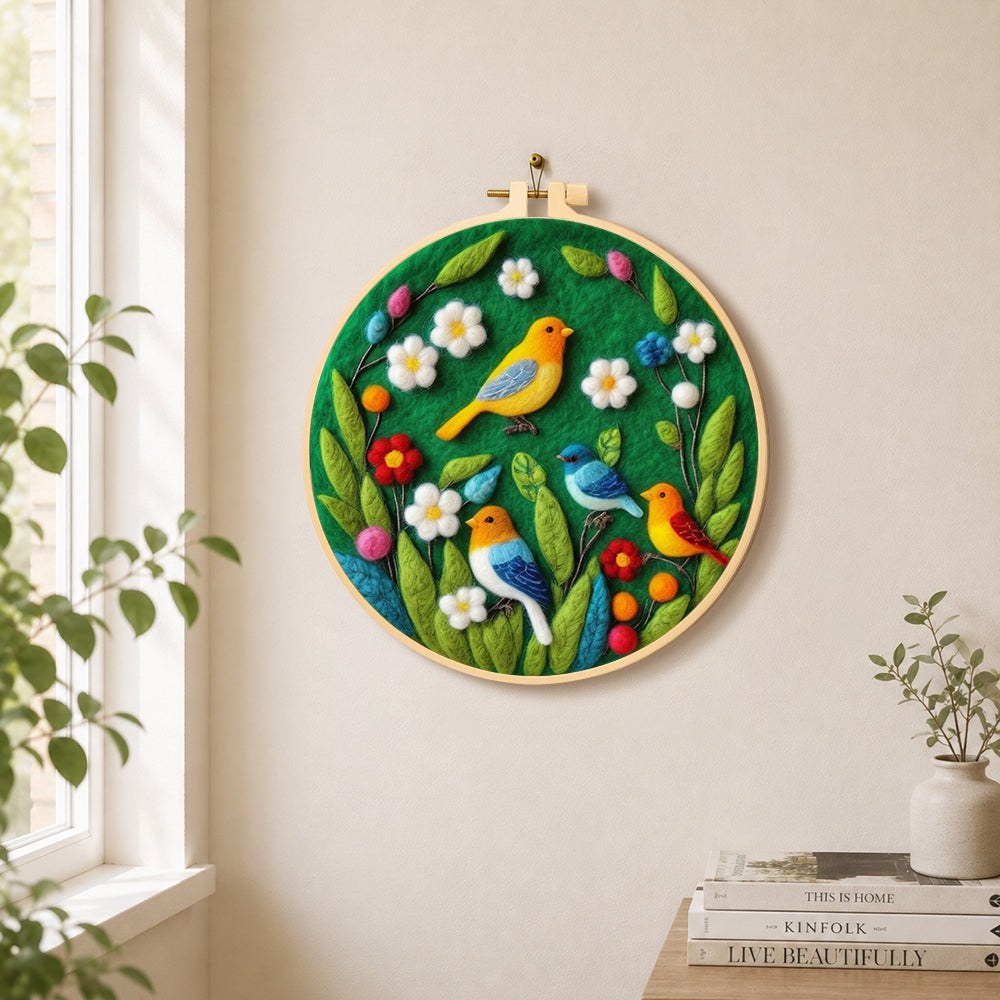 Charming flock of colourful birds needle felt wall art displayed in a bright home interior