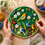 Creating the charming flock of colourful birds wool painting by hand with a felting needle