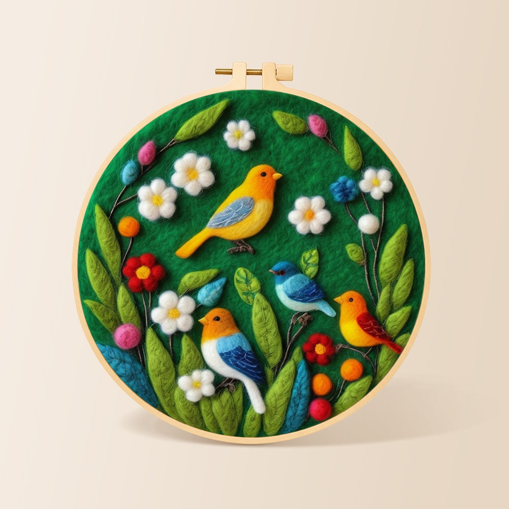 Charming flock of colourful birds needle felting kit for beginners with a round wooden frame