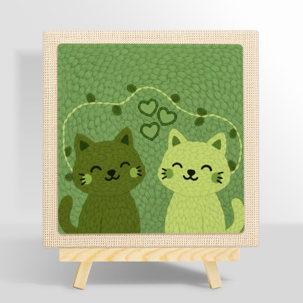 Charming green cat couple punch needle kit for beginners