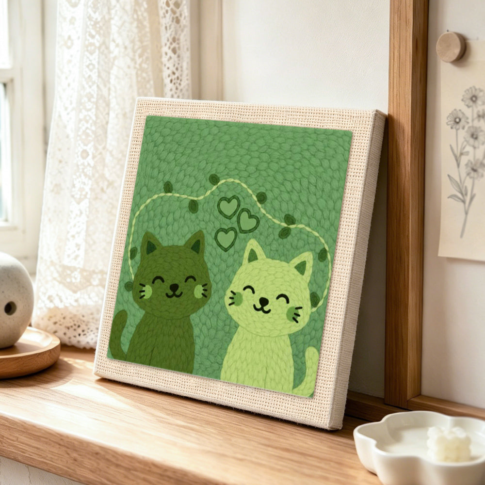 Charming green cat couple punch needle artwork displayed on a table