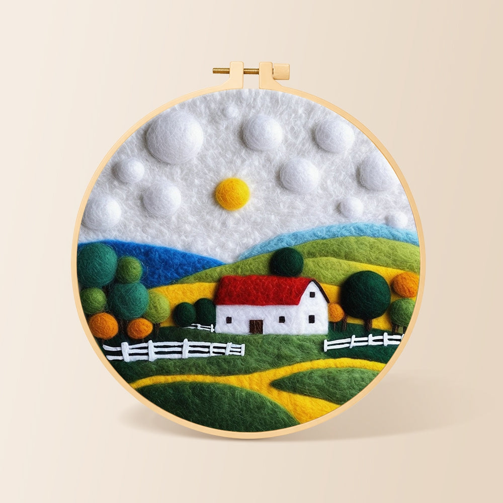 Charming red roof cottage needle felting kit for beginners with a round wooden frame