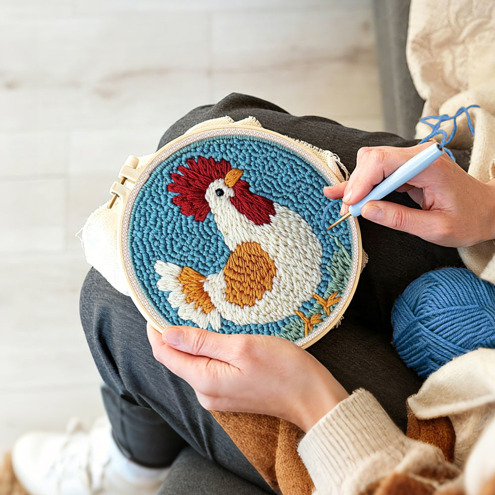 Creating handmade charming rooster punch needle artwork