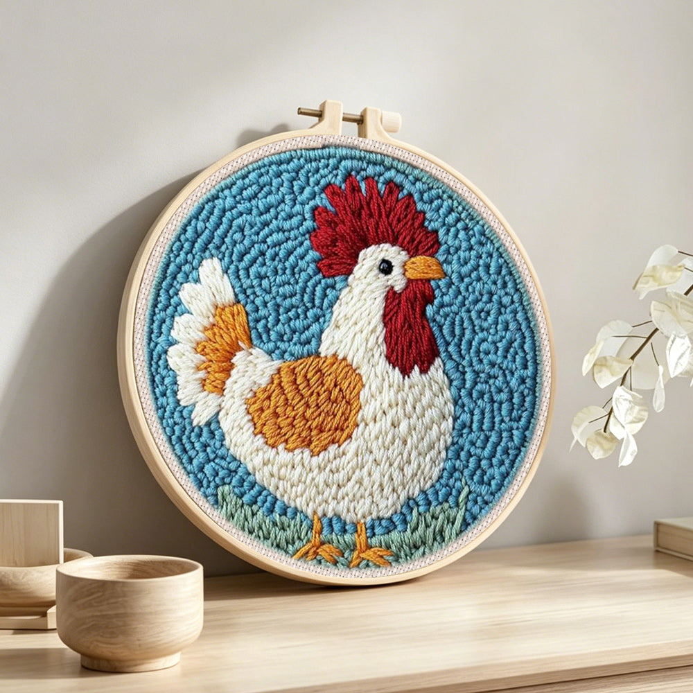 Charming rooster punch needle artwork displayed on a table