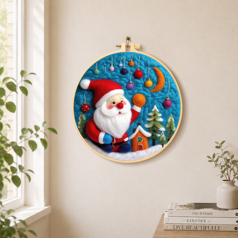 Charming santa with hanging baubles needle felt wall art displayed in a bright home interior