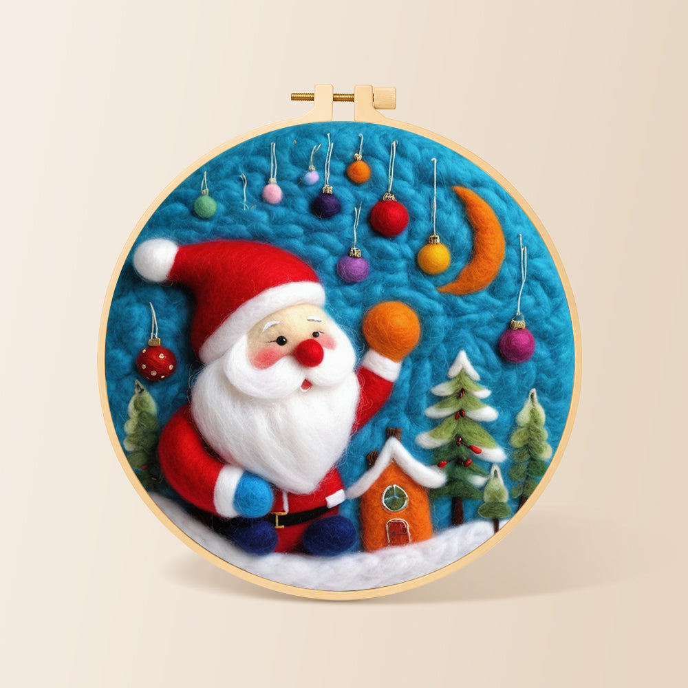 Charming santa with hanging baubles needle felting kit for beginners with a round wooden frame