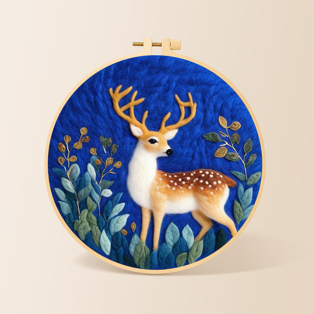 Charming spotted fawn needle felting kit for beginners with a round wooden frame