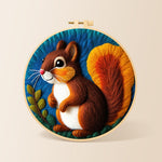 Charming squirrel with fluffy tail needle felting kit for beginners with a round wooden frame
