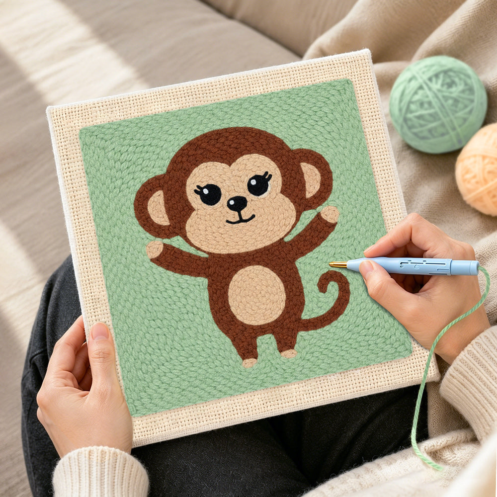 Creating handmade cheerful monkey with open arms punch needle artwork