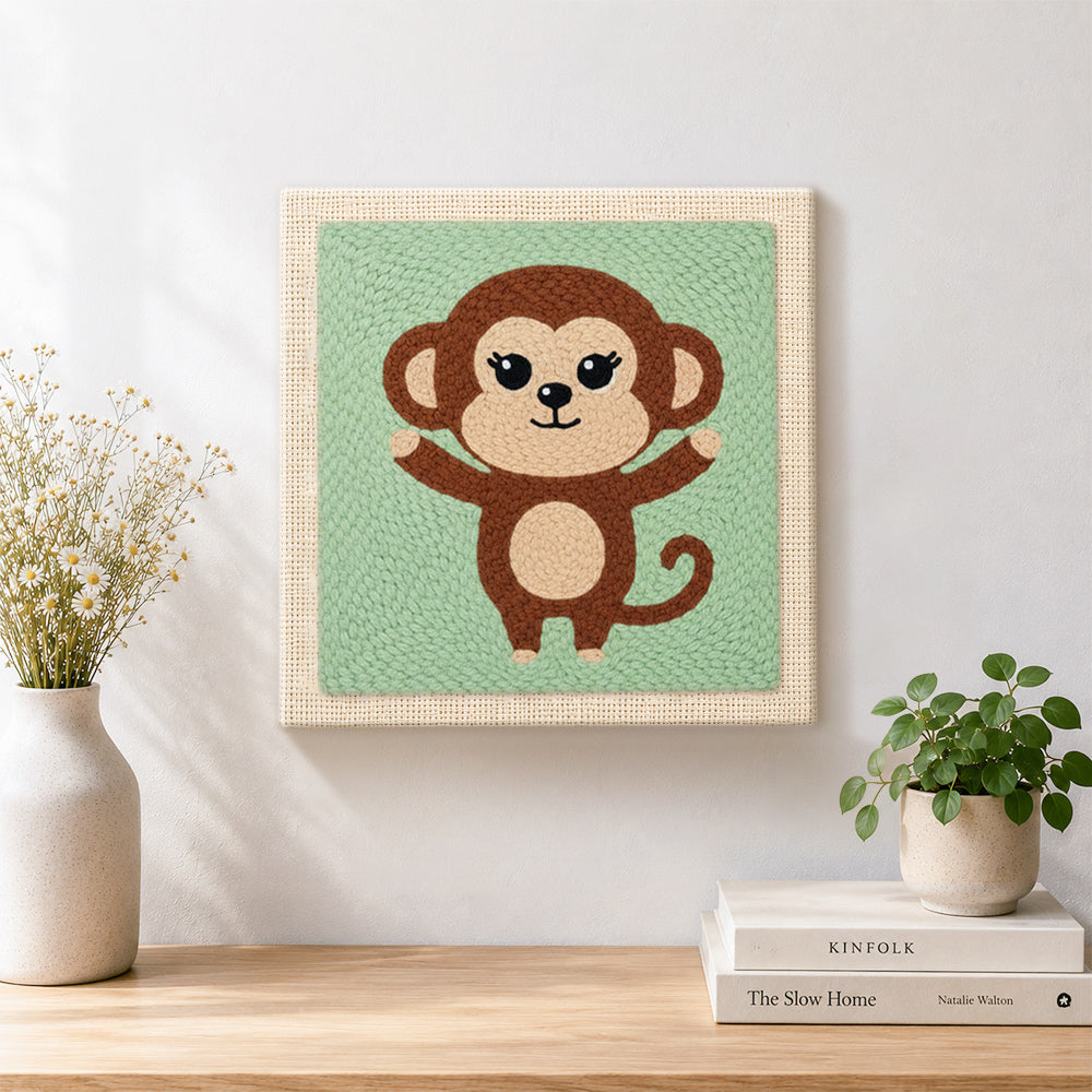 Finished cheerful monkey with open arms artwork displayed on a wall