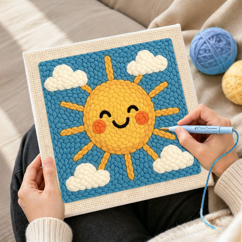 Creating handmade cheerful smiley sun punch needle artwork