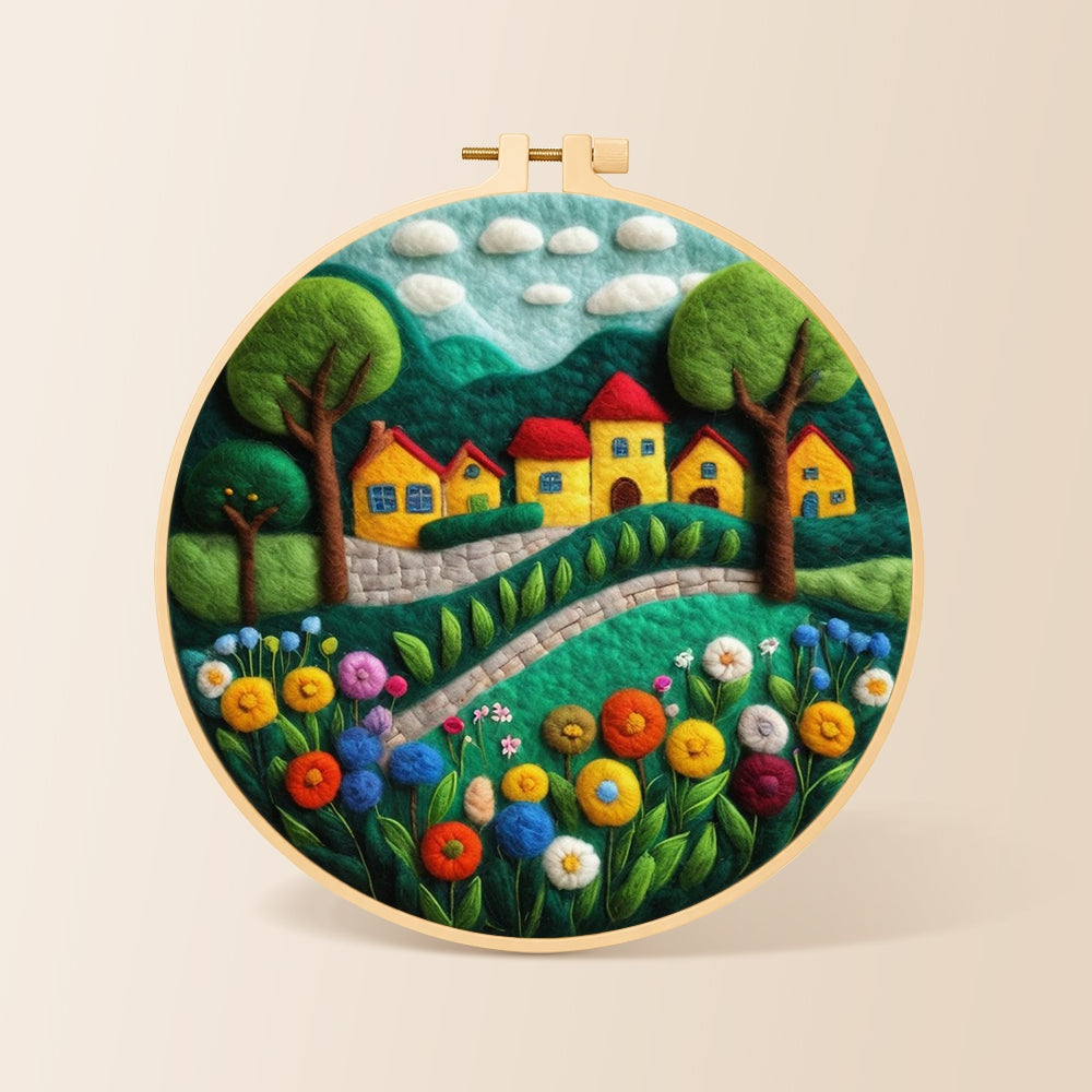 Cheerful yellow cottages and blooming flowers needle felting kit for beginners with a round wooden frame