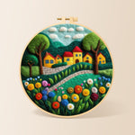 Cheerful yellow cottages and blooming flowers needle felting kit for beginners with a round wooden frame