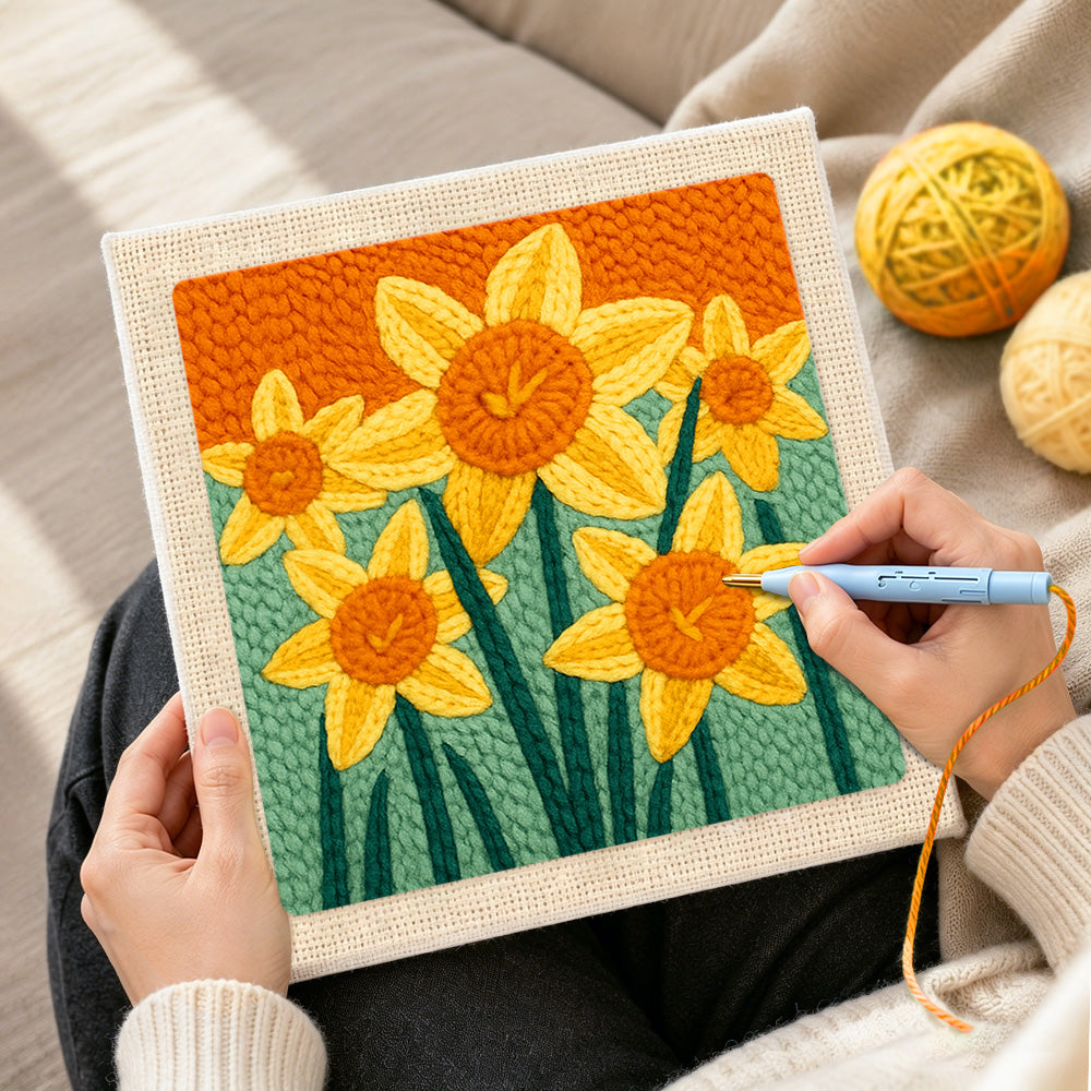Creating handmade cheerful yellow daffodils punch needle artwork